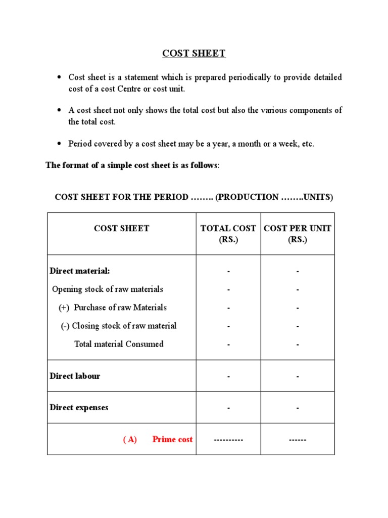 Preparation of Cost Sheet PDF Expense Insurance