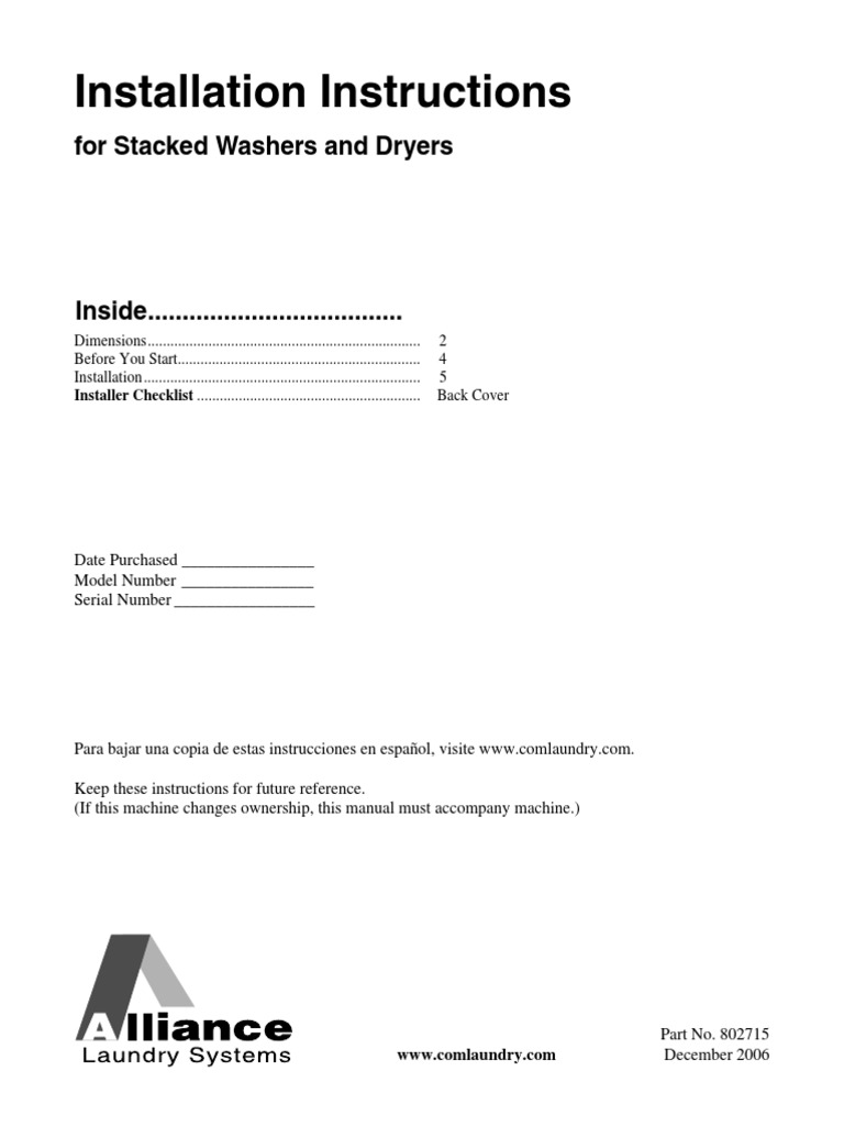 Installation Instructions For Stacked Washers and Dryers PDF Duct