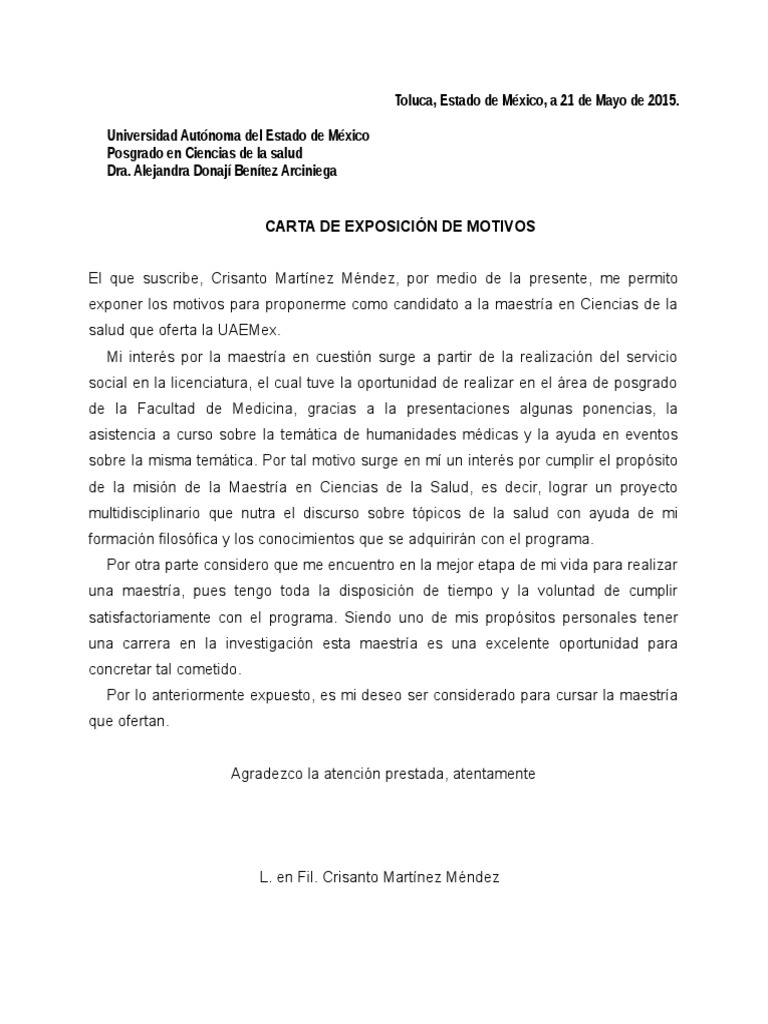 Formato para realización de una carta de exposición de motivos para