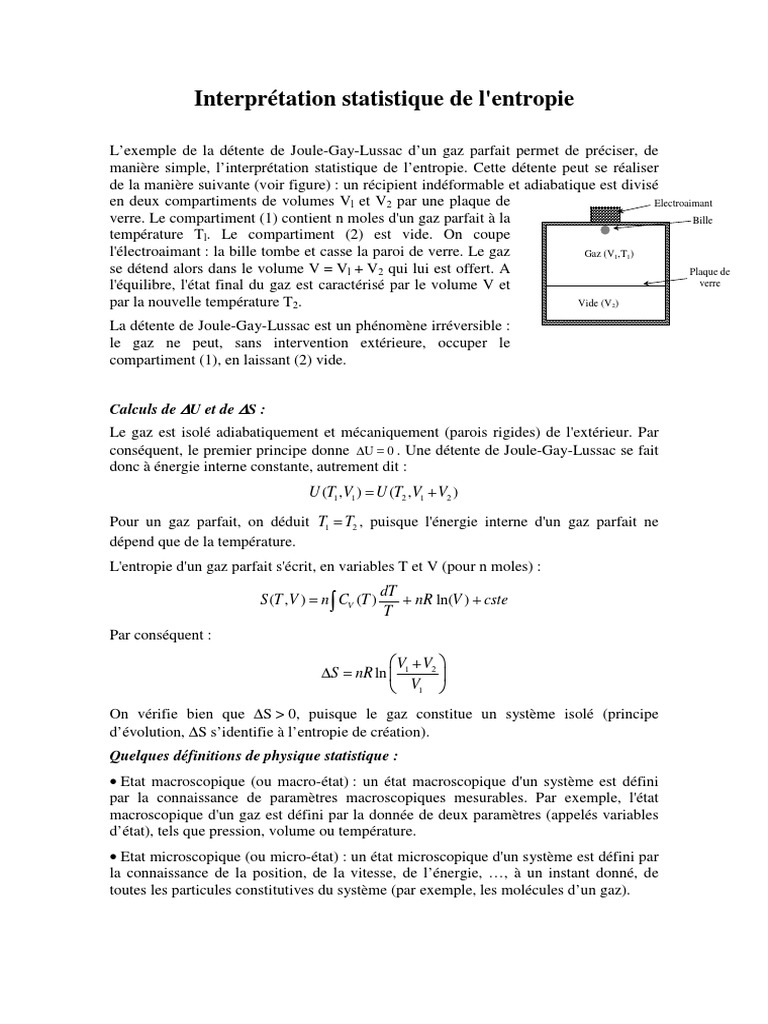 Détente de Joule-Gay-Lussac et Entropie | PDF | Physique statistique ...