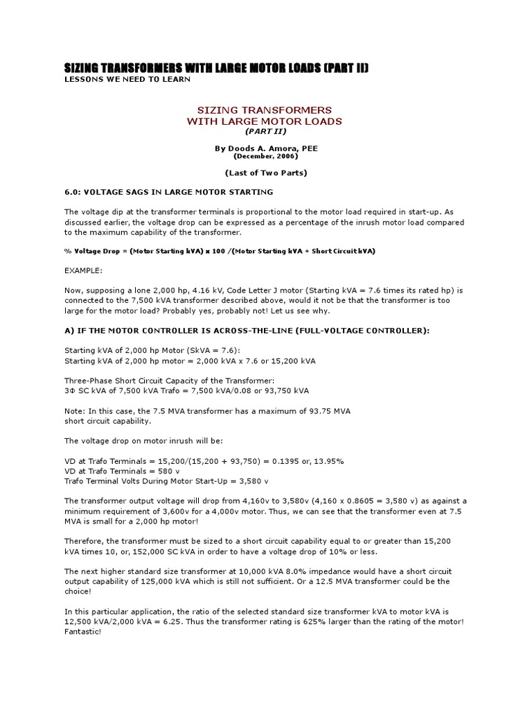 Sizing Transformers With Large Motor Loads PDF Transformer Components
