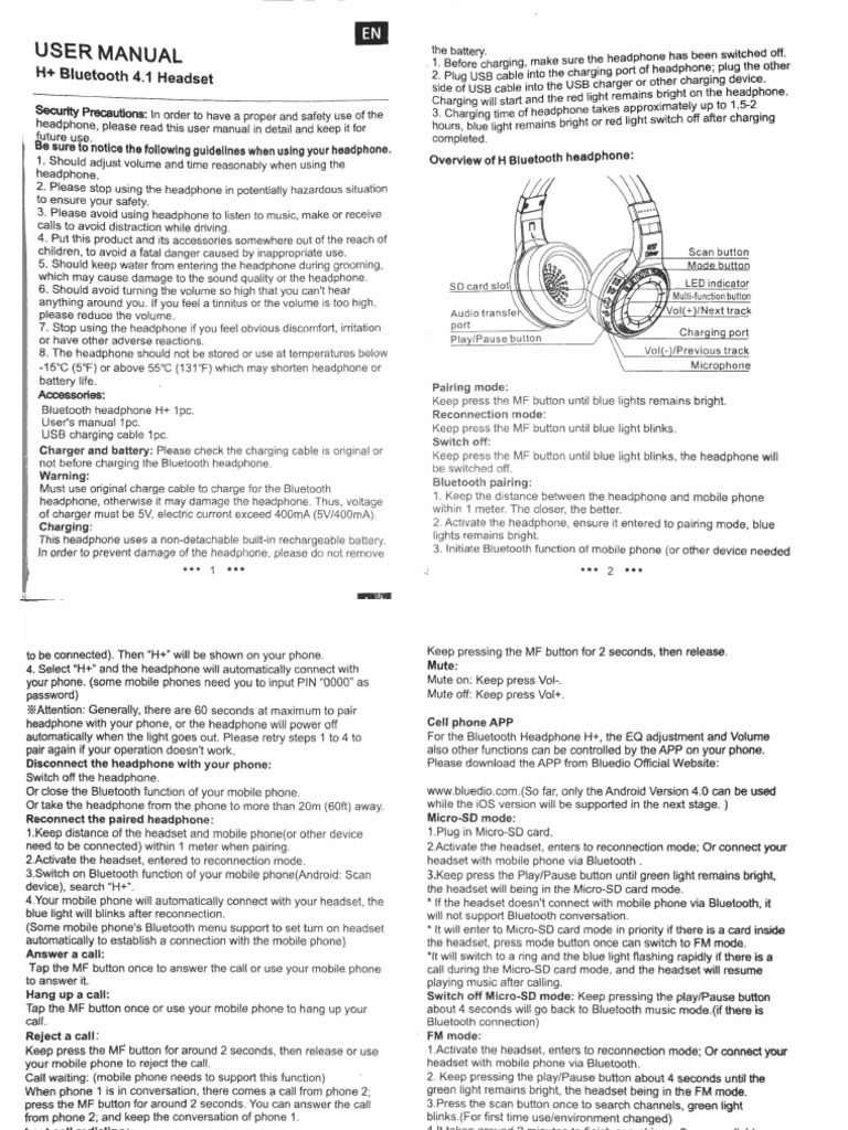 Bluedio h+ user manual 2014-12-21 19-49 | Headphones | Bluetooth