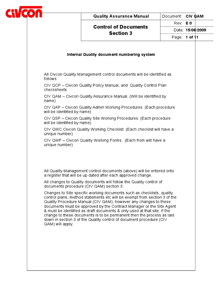 Civcon Quality Assurance Manual Overview | PDF | Specification ...
