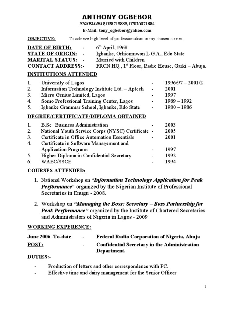 Tony.CV | Secretary | Nigeria
