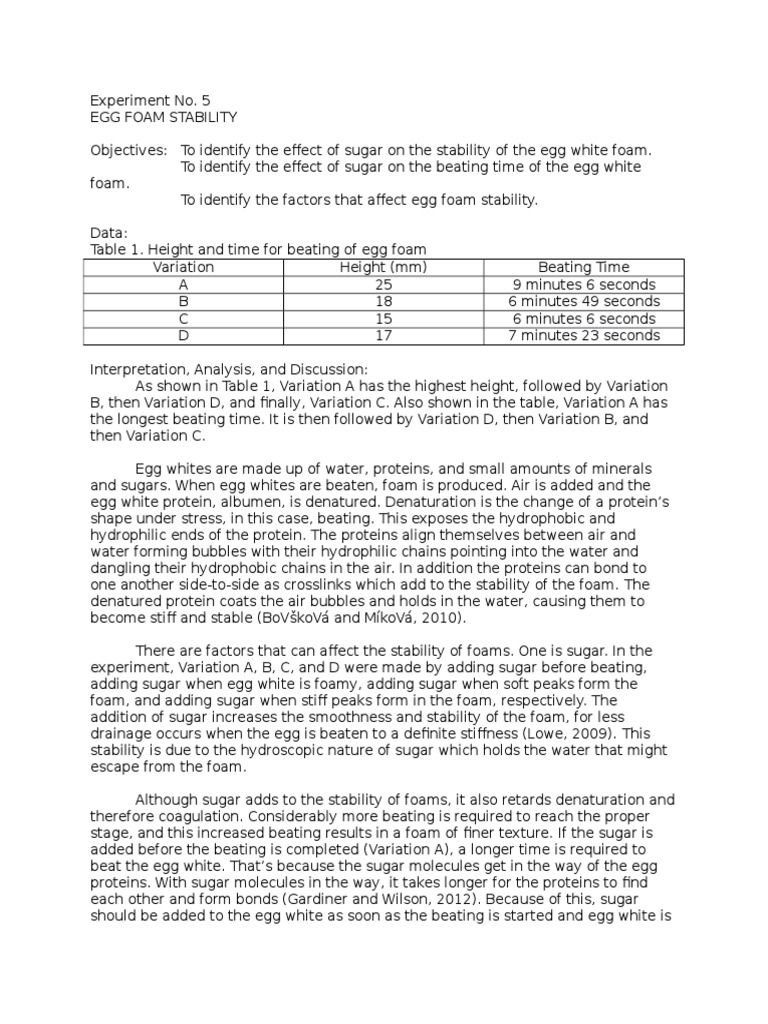 Experiment No. 5 Egg Foam Stability Egg White Egg As Food