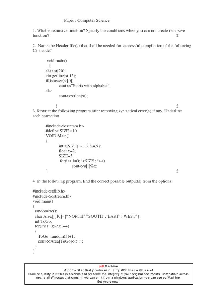 Class XII Computer Science Practice Questions | PDF | Integer (Computer ...