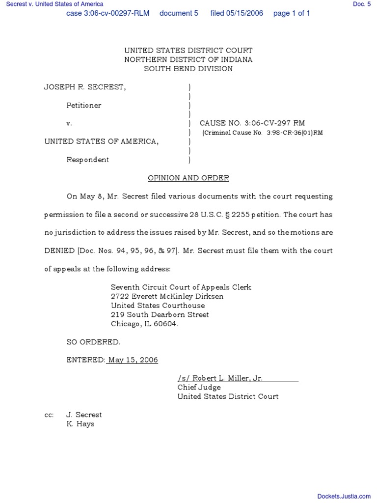 Secrest v. United States of America - Document No. 5 | PDF