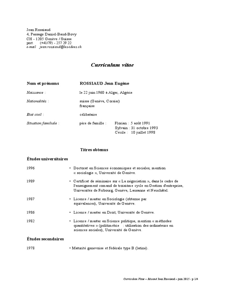 Curriculum Vitae Jean Rossiaud Au 1er Juin 2015 | PDF