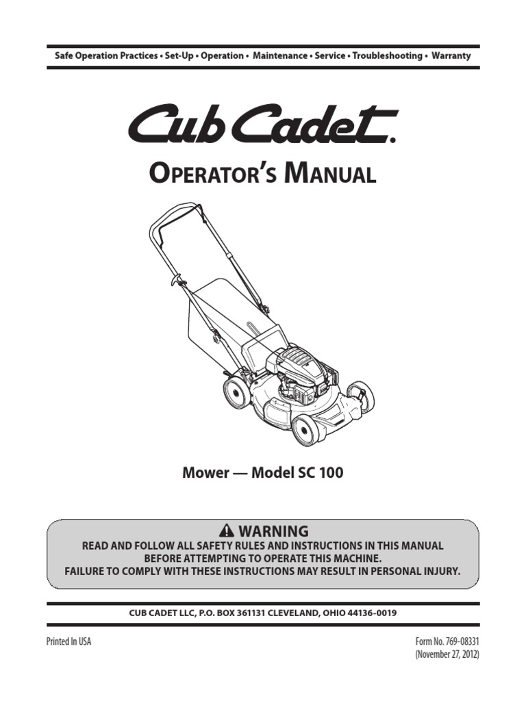 Cub Cadet SC100 Manual PDF Mower Internal Combustion Engine