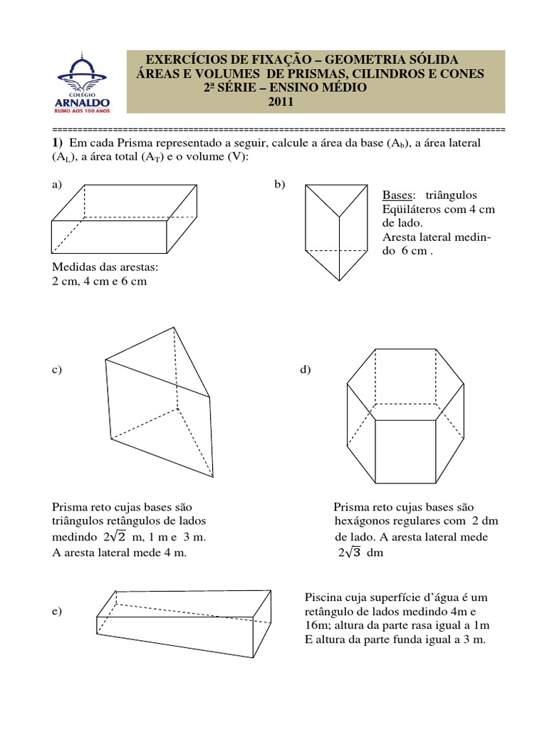 Exercícios de Fixação sobre Prismas, Cilindros e Cones.pdf | Formas ...