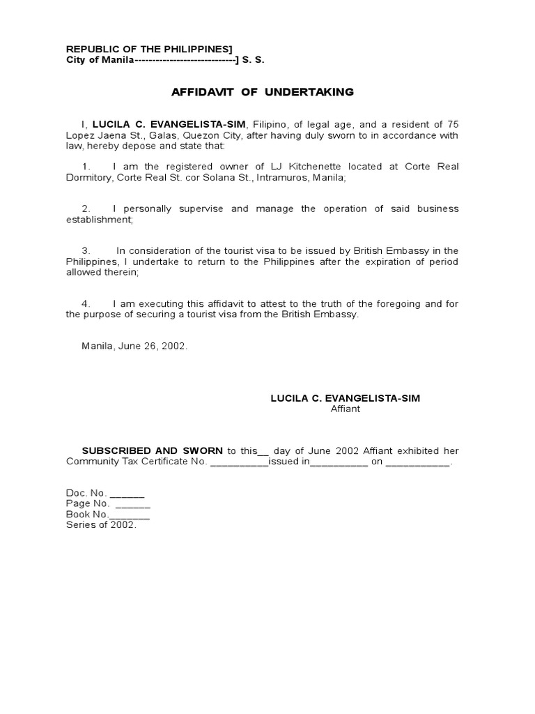 Affidavit Of Undertaking Template