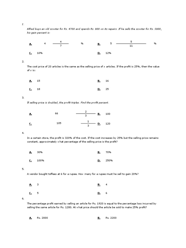Profit and Loss Problem Solutions | PDF | Prices | Percentage