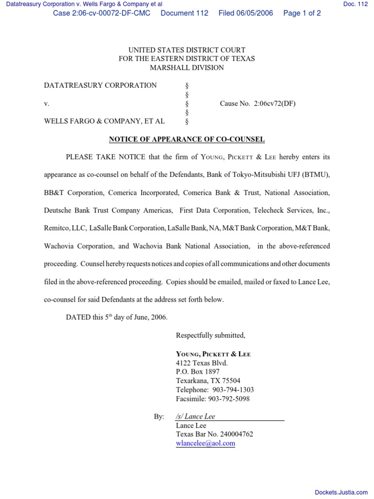 Notice Of Appearance Of CoCounsel /s/ Lance Lee Wells Fargo Fax