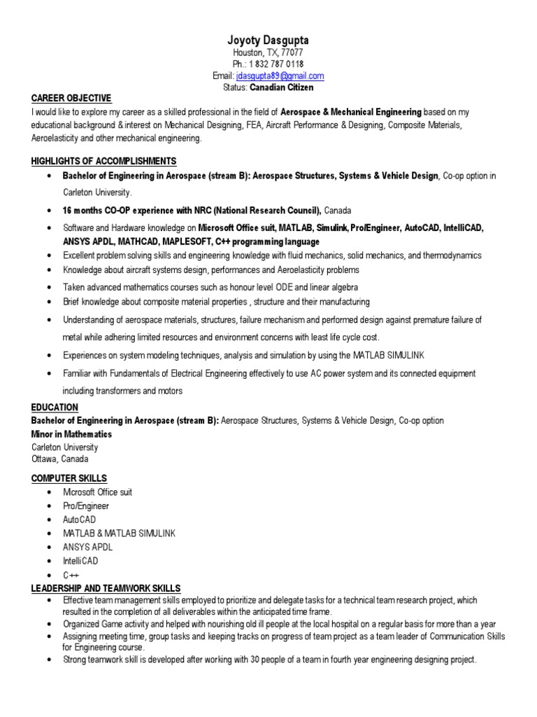 Aerospace Engineering Entry Level in Houston TX Resume Joyoty Dasgupta ...