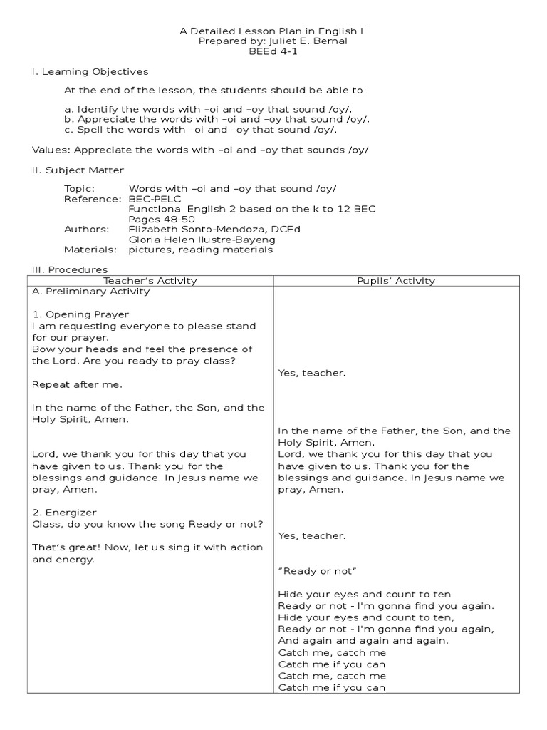 Detailed English Lesson Plan II | PDF | Amen | Lesson Plan