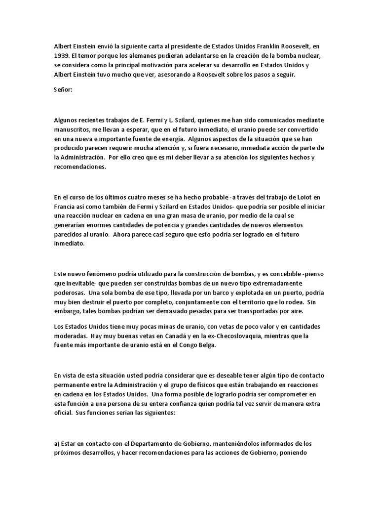 Carta de Einstein a Roosevelt  Albert Einstein  Armas 