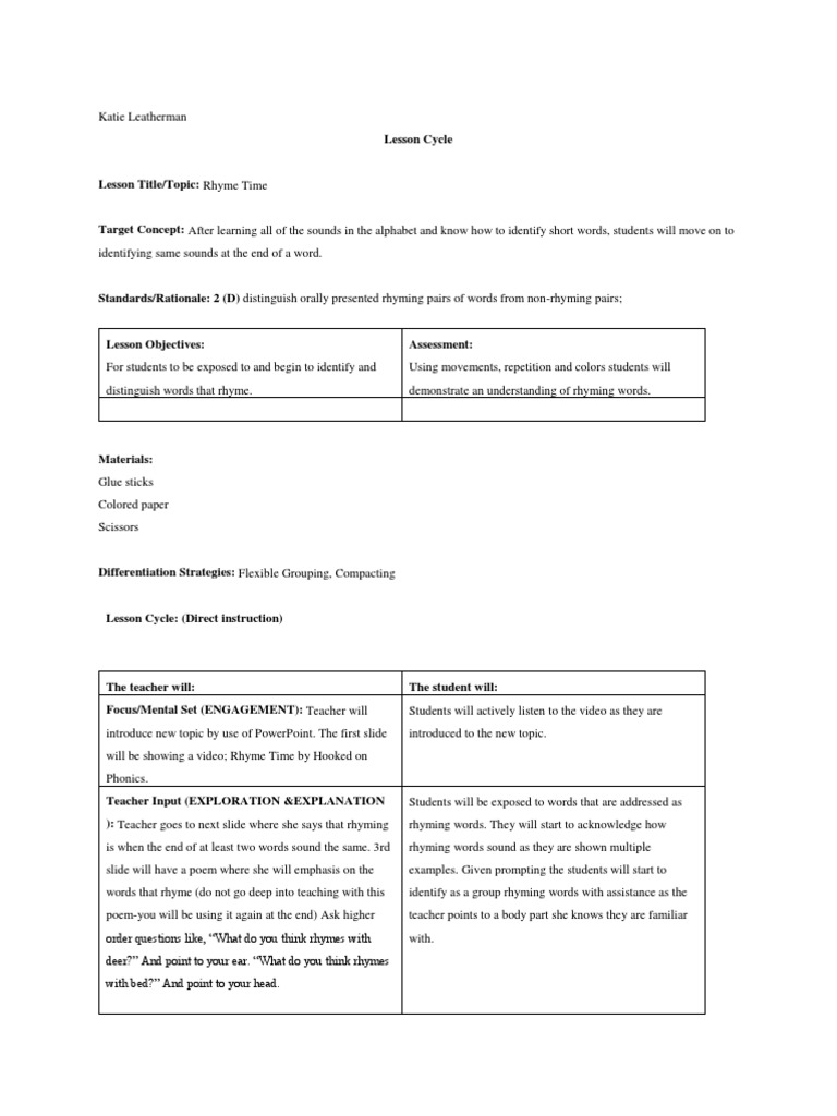 Rhyme Time Lesson Plan Pdf Educational Assessment Lesson Plan