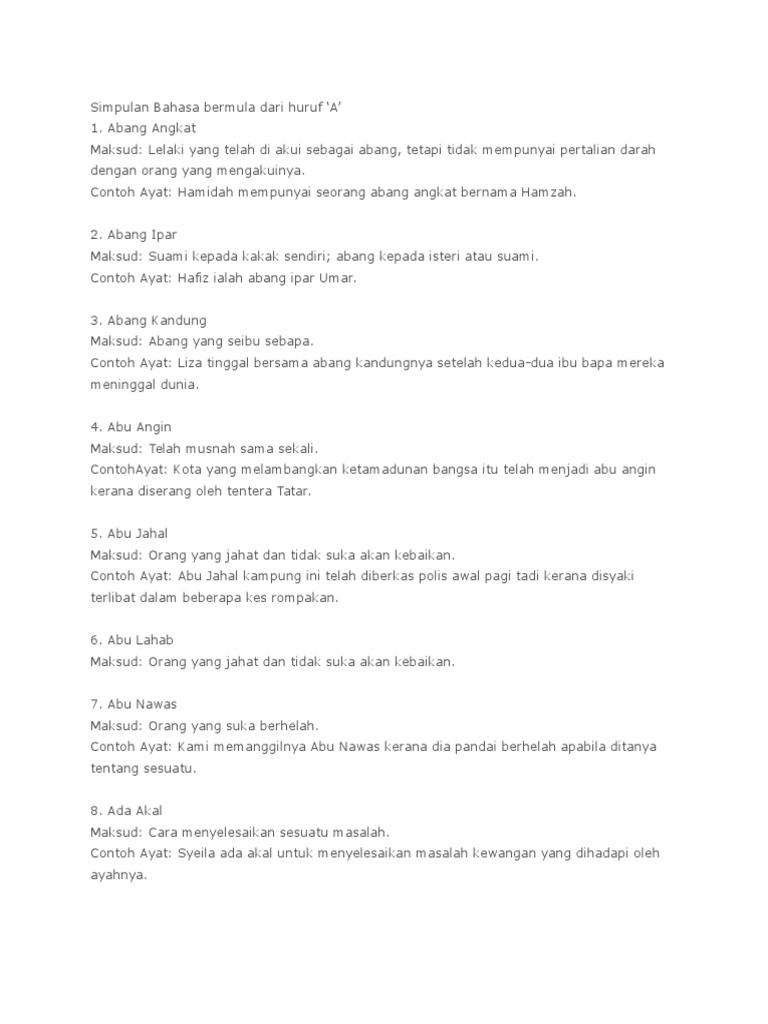 Simpulan Bahasa Bermula Dari Huruf