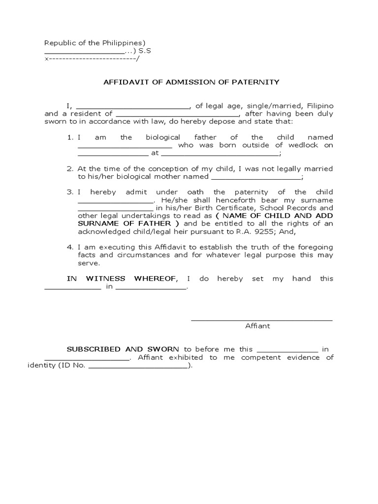 Sample Affidavit of Admission of Paternity | PDF