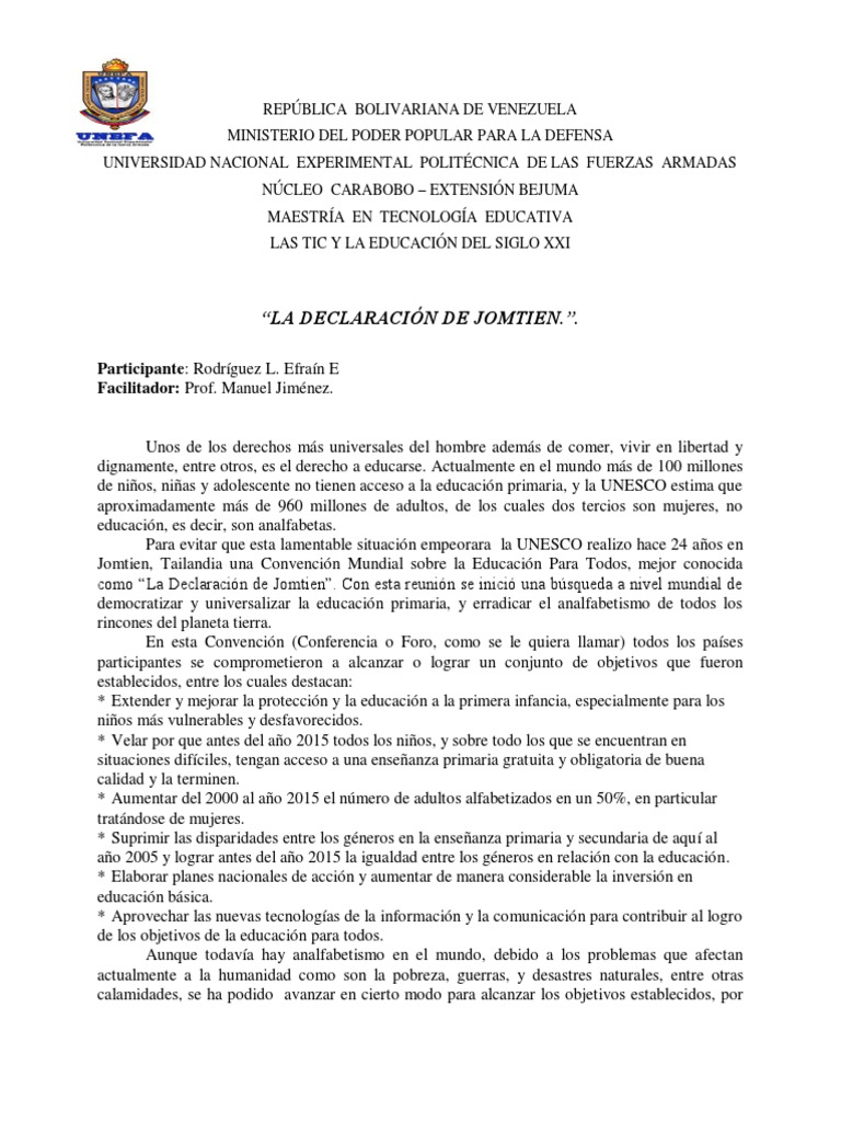 Ensayo Declaracion de Jomtien Efraín Rodriguez