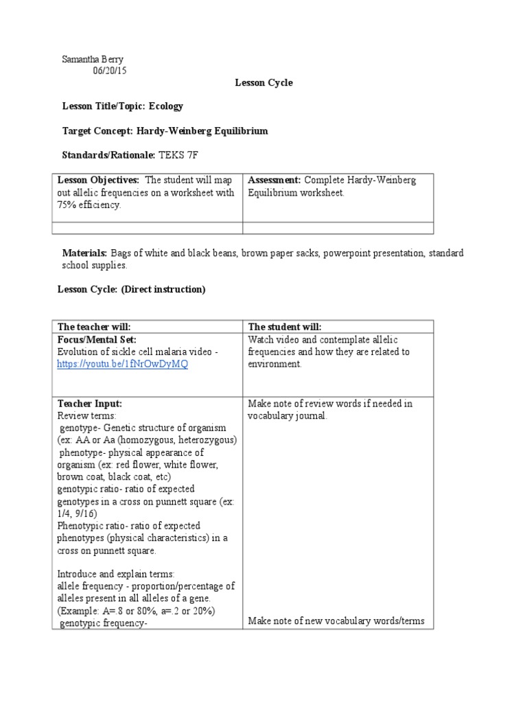 Hardy-Weinberg Equilibrium Lesson Plan | PDF | Genotype | Allele