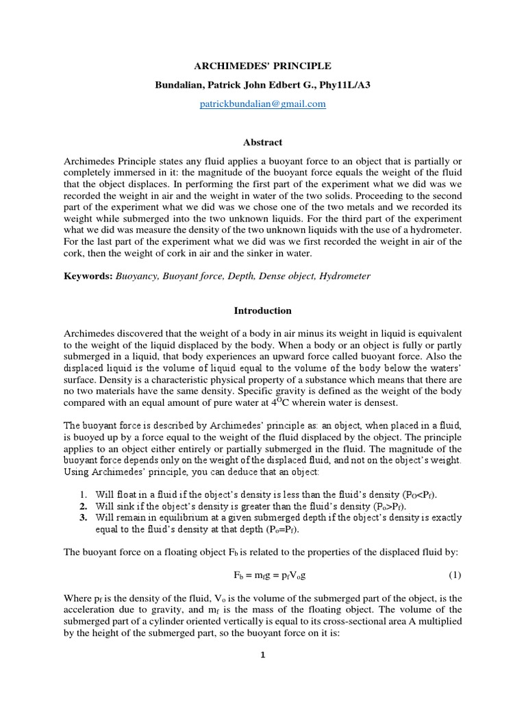 E206 Archimedes Principle Buoyancy Density