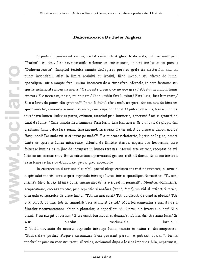 Comentariu literar Duhovniceasca de Tudor Arghezi