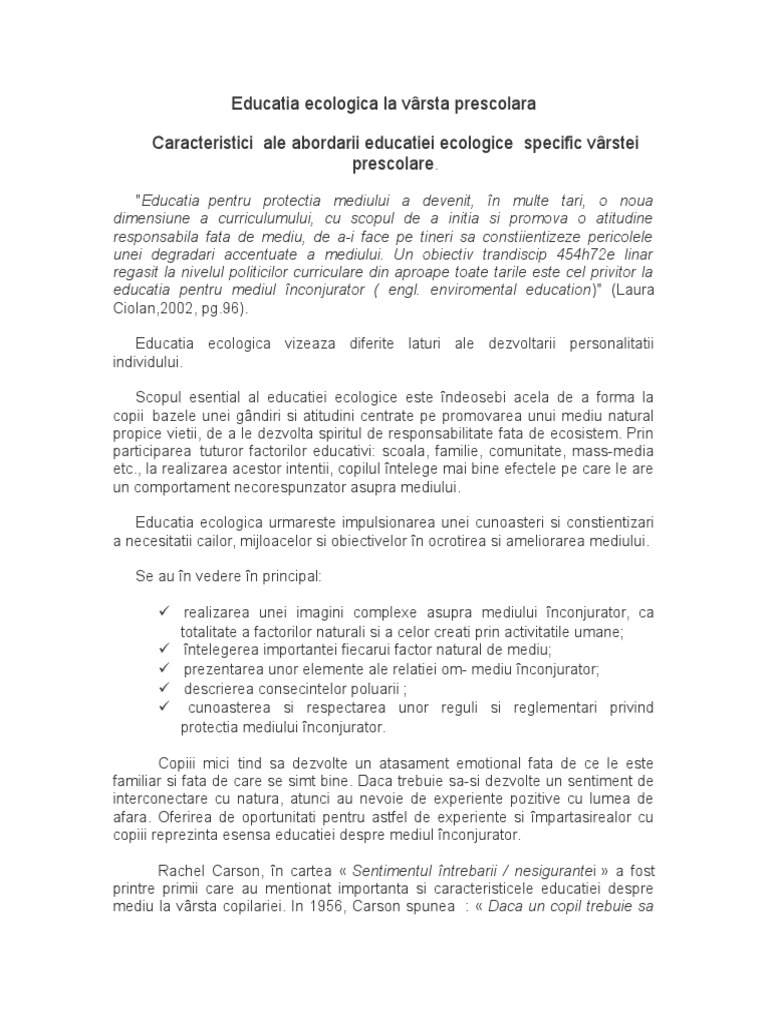 Activitati De Educatie Ecologica In Gradinita