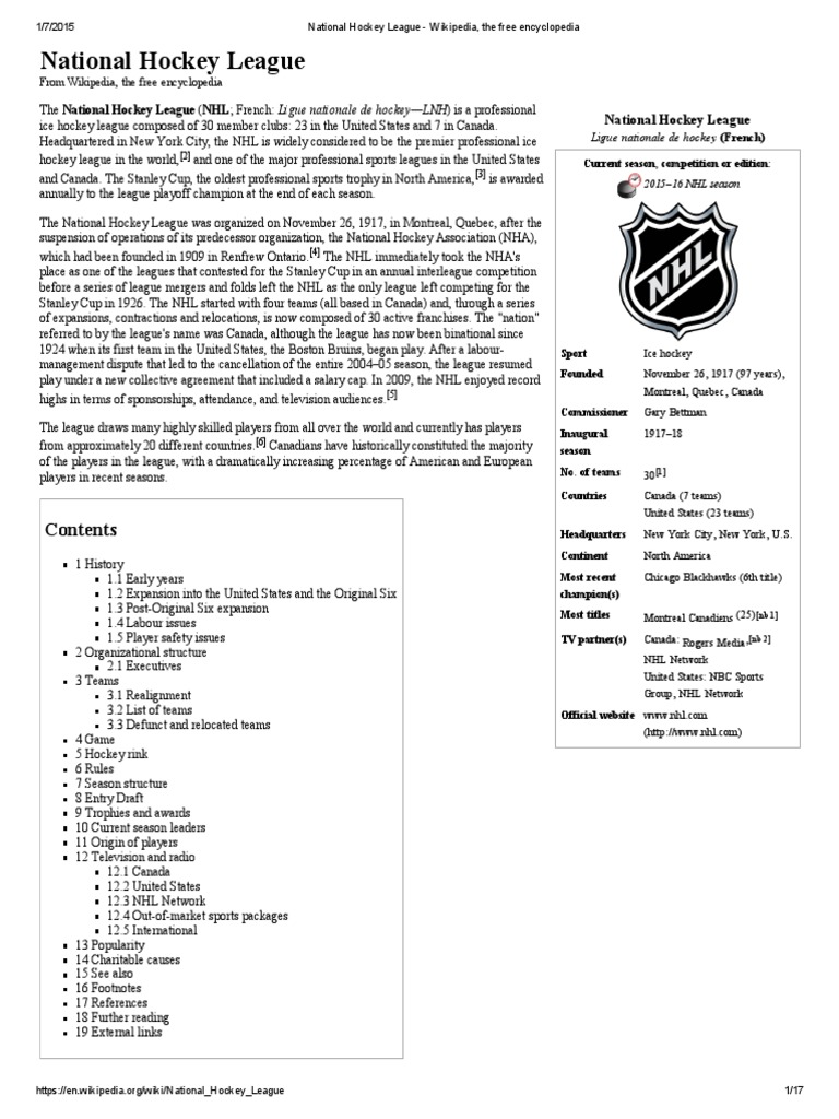 National Hockey League Wikipedia, The Free Encyclopedia PDF