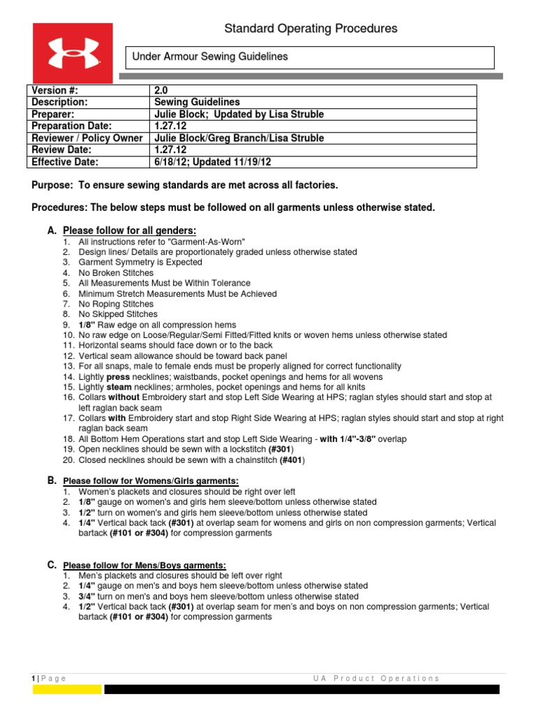 Sewing Guidelines SOP (11!19!12) PDF Seam (Sewing) Sewing