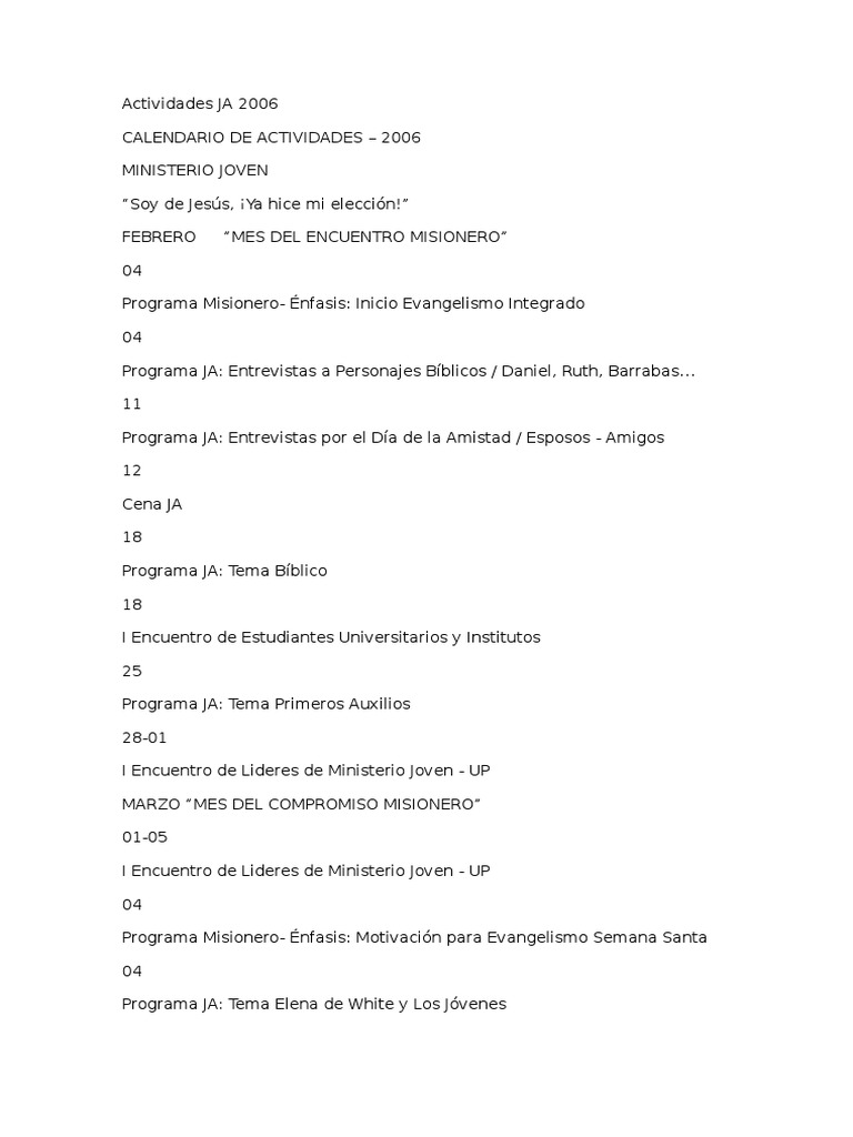 Actividades JA 2006 - MODELO | PDF | Iglesia Adventista del Séptimo Día ...