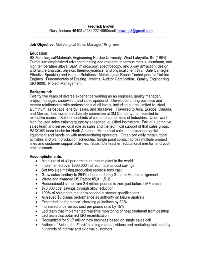 Metallurgical Sales Manager Engineer In Greater Chicago IL Resume