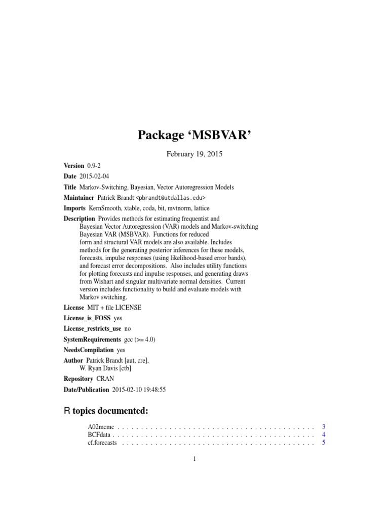 MSBVAR: Bayesian VAR Models | PDF | Vector Autoregression | Covariance ...