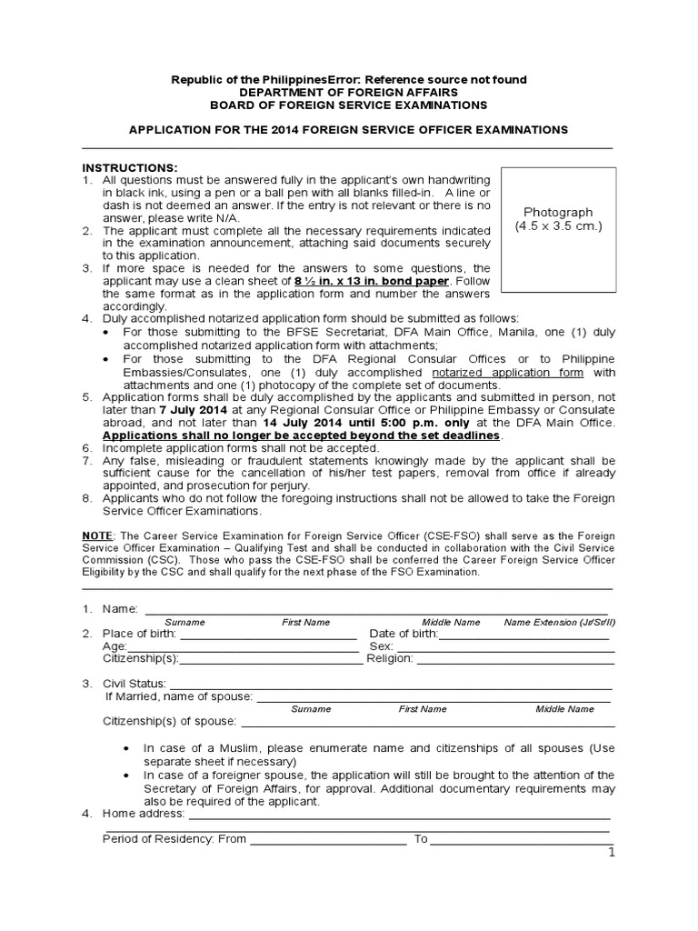 Application Form On DFA Foreign Service Officer | PDF | United States ...