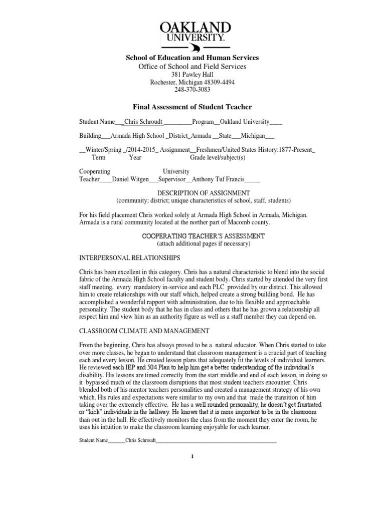 Student Teacher Assessment Report | PDF | Educational Assessment | Teachers