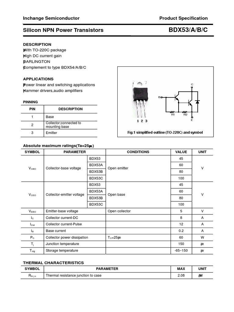 Silicon NPN Power Transistors: BDX53/A/B/C | PDF