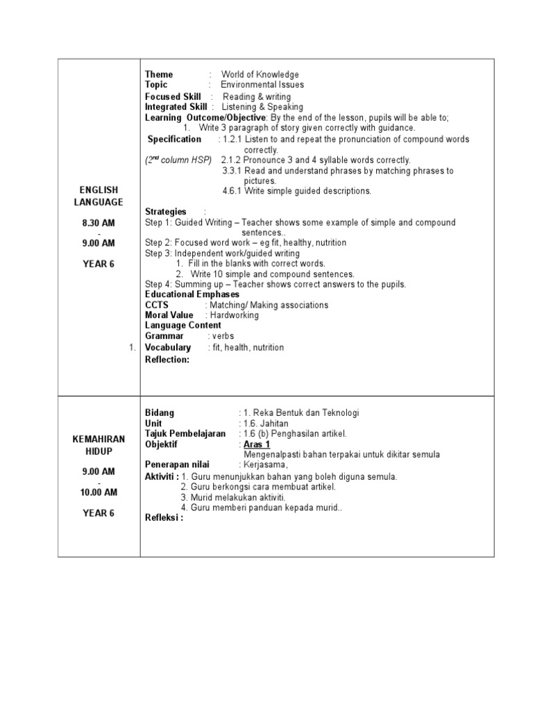 Rph English Kssr Day 1 Pdf English Language Educational Assessment