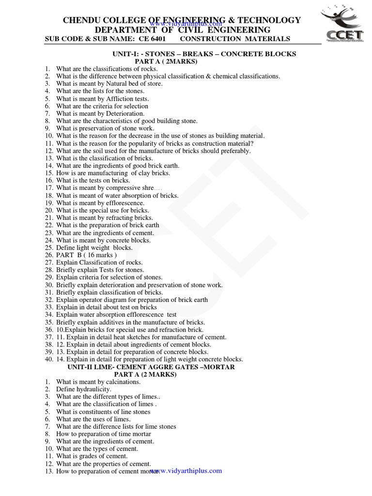 Construction Materials Question Bank PDF Brick Concrete