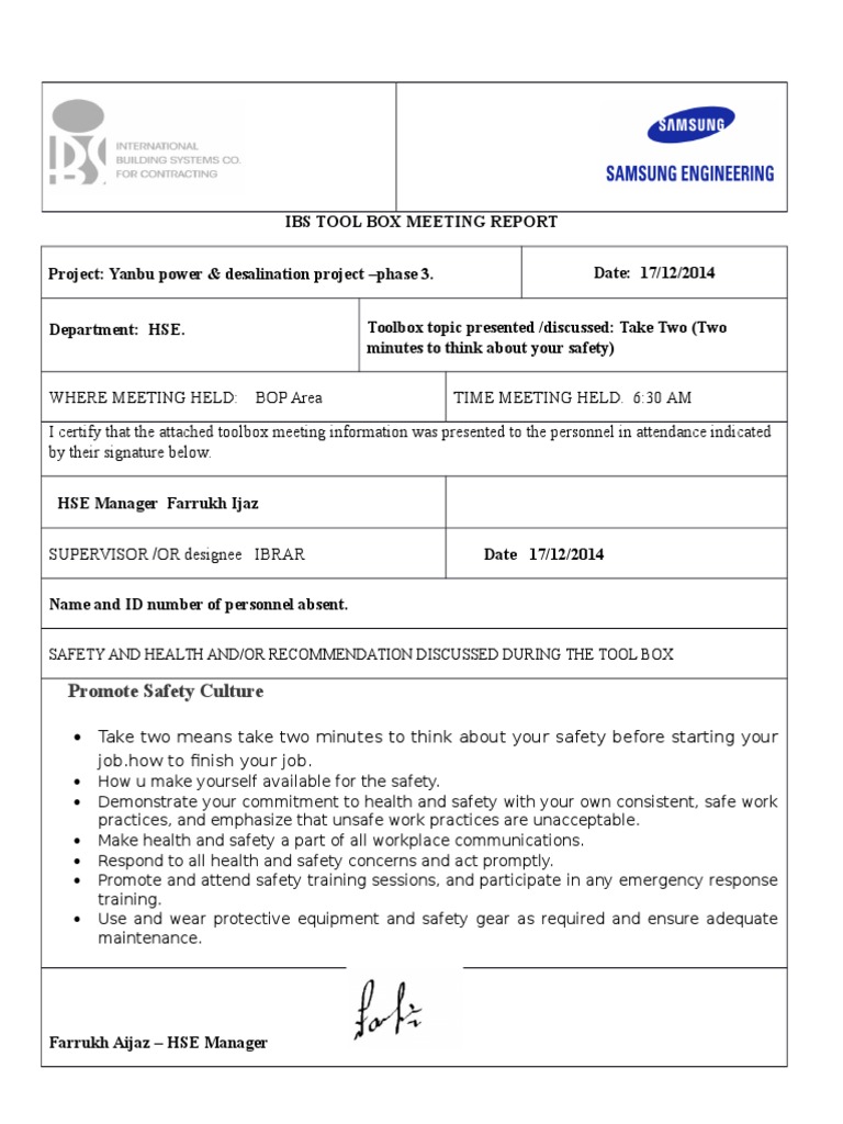 Yanbu Project Safety Toolbox Meeting Report | PDF