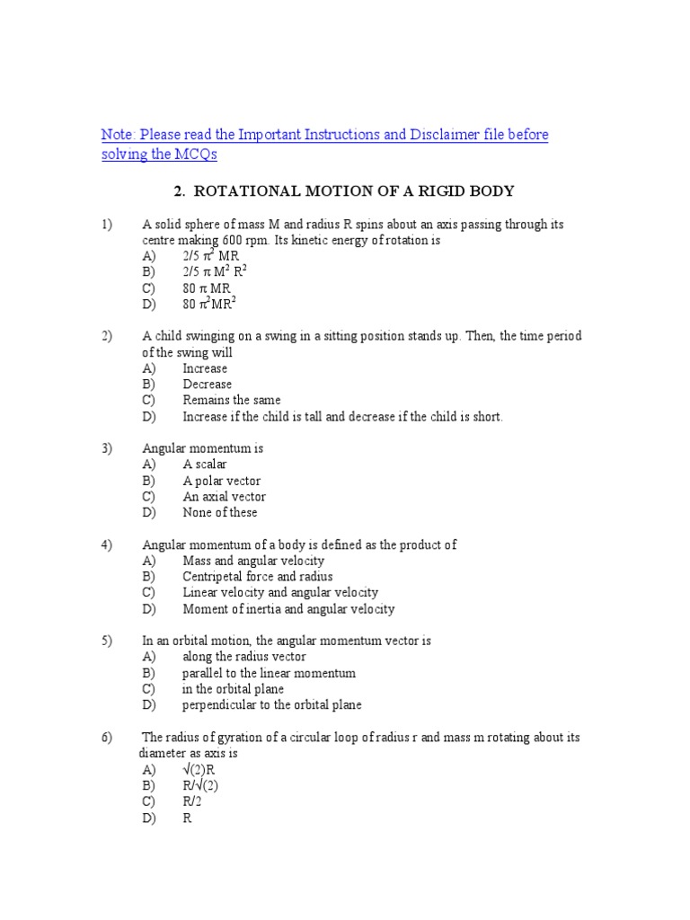 Rotational Motion Multiple Choice Questions An Assessment of Key