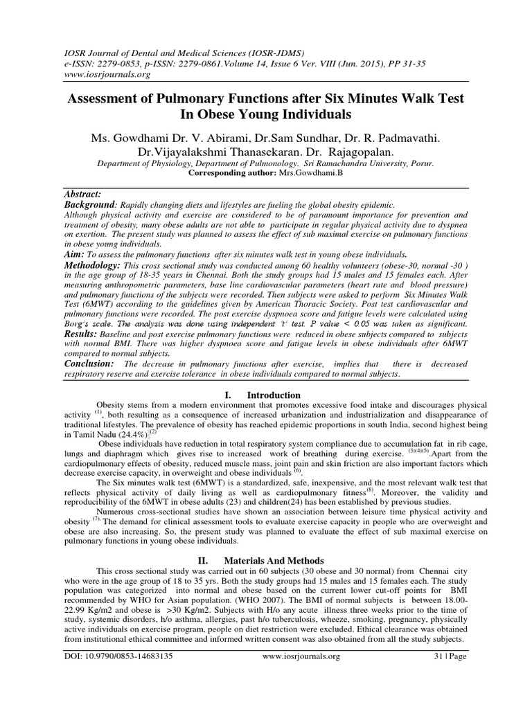 Assessment of Pulmonary Functions After Six Minutes Walk Test in Obese ...