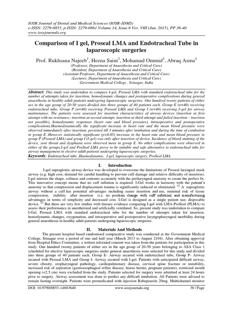 Comparison of I Gel, Proseal LMA and Endotracheal Tube in Laparoscopic