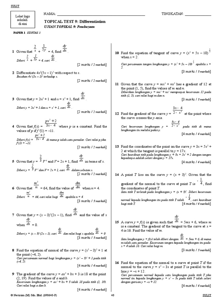 Add Maths F4 Topical Test 9 (BL) | PDF