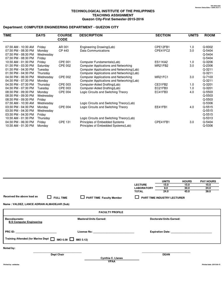Computer Engineering Teaching Schedule | PDF | Science & Mathematics