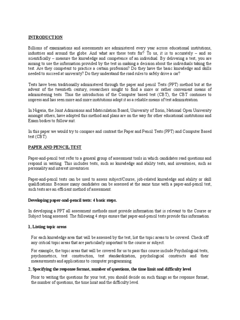 Paper and Pencil Test Test (Assessment) Multiple Choice