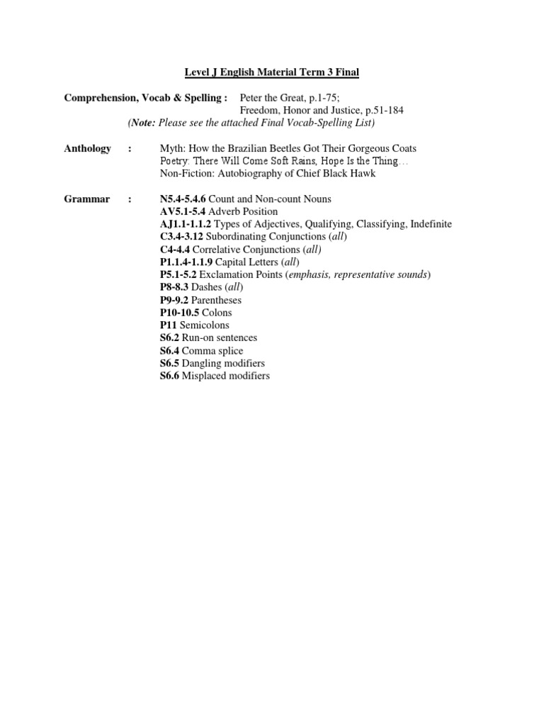 1415 Level J English End of Year Final Material | PDF