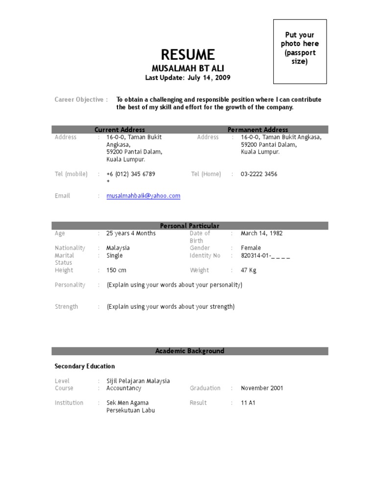 Resume Sample Resume In Bahasa Malaysia contoh resume bahasa melayu image gallery hcpr terbaik contoh