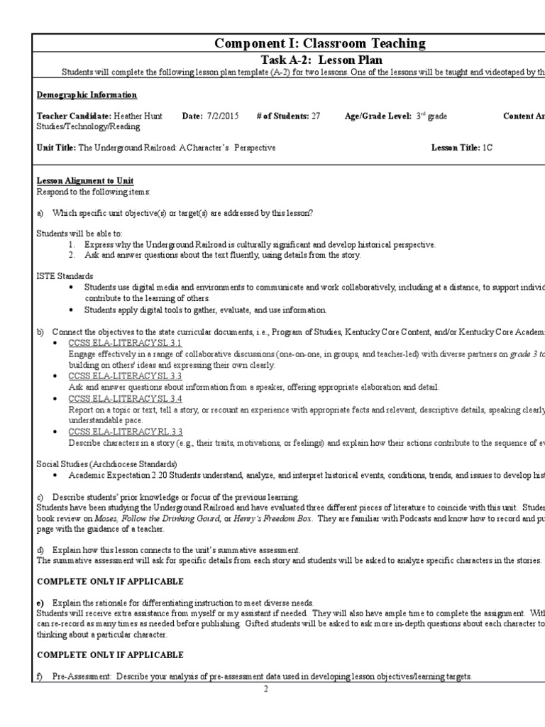 Component I: Classroom Teaching: Task A-2: Lesson Plan | PDF ...
