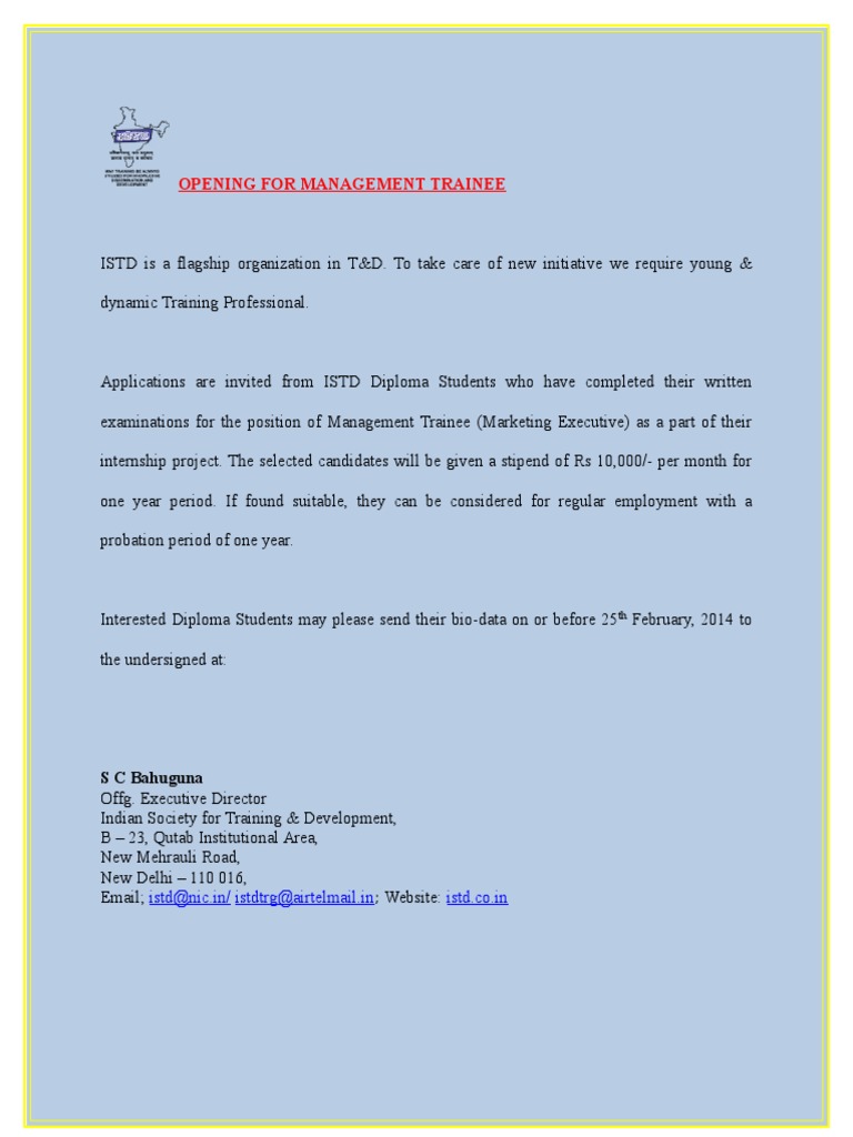 Management Trainee Istd Diploma | PDF