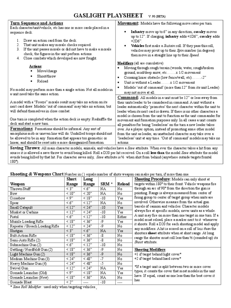 Gaslight Playsheet: Turn Sequence and Actions Movement | PDF ...